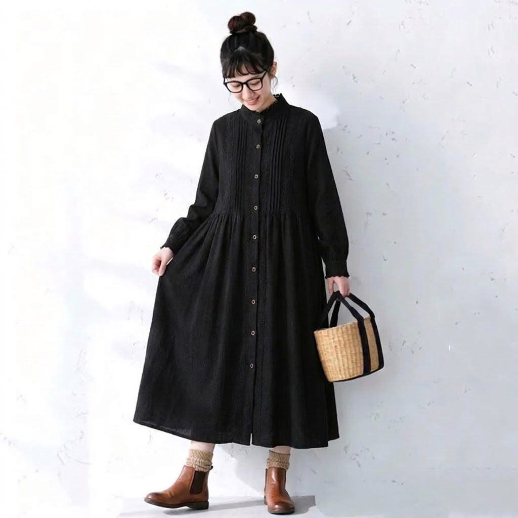 M-2XL 切り替え 無地 レース レトロ 長袖ワンピース M ブラック