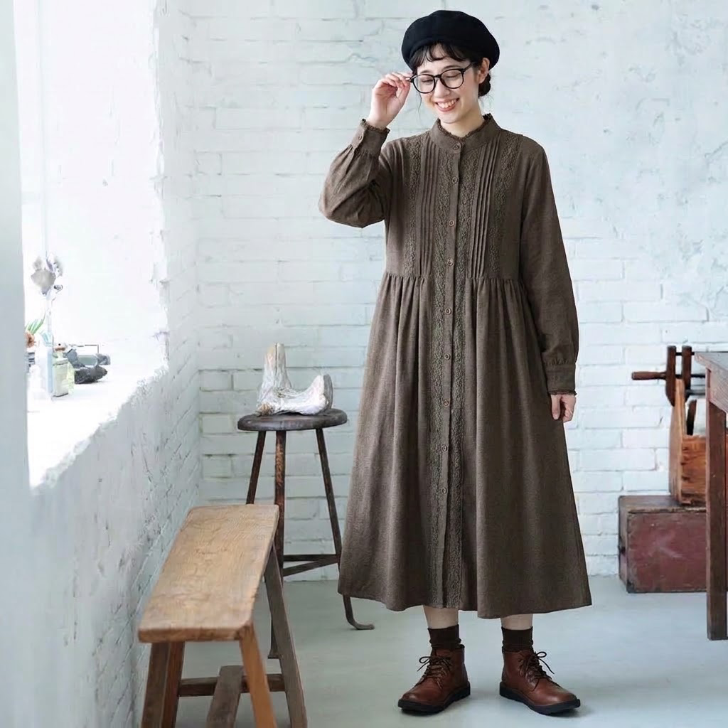 M-2XL 切り替え 無地 レース レトロ 長袖ワンピース M カーキグリーン