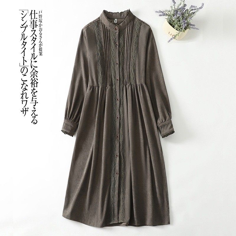 M-2XL 切り替え 無地 レース レトロ 長袖ワンピース M カーキグリーン