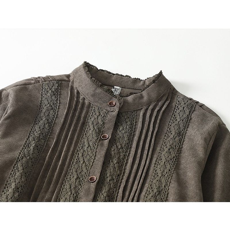 M-2XL 切り替え 無地 レース レトロ 長袖ワンピース M カーキグリーン