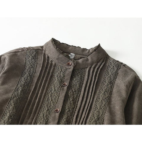 M-2XL 切り替え 無地 レース レトロ 長袖ワンピース M カーキグリーン