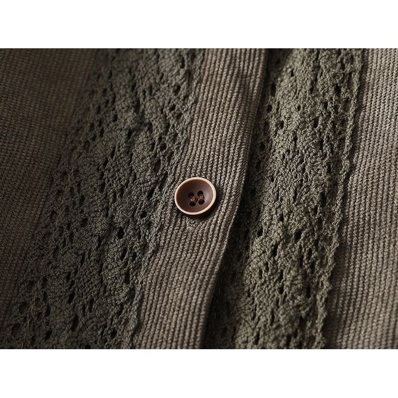 M-2XL 切り替え 無地 レース レトロ 長袖ワンピース M カーキグリーン