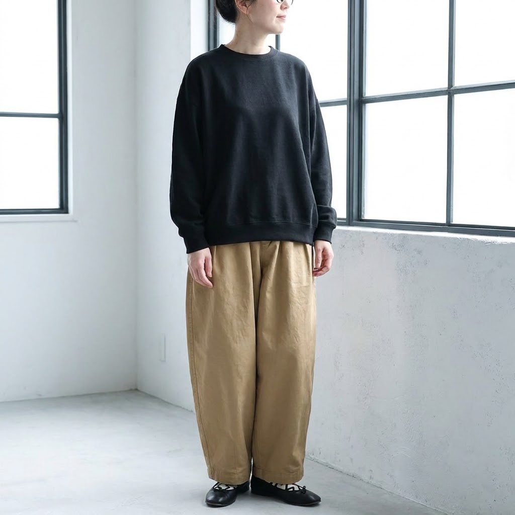 SML ナチュラル バルーンスリーブ 丸襟 ゆったり ワイドパンツ セットアップ 肌寒さ対応 S 写真通り