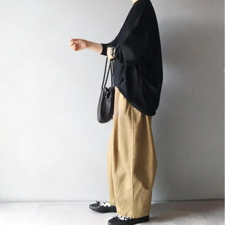 SML ナチュラル バルーンスリーブ 丸襟 ゆったり ワイドパンツ セットアップ 肌寒さ対応 S 写真通り