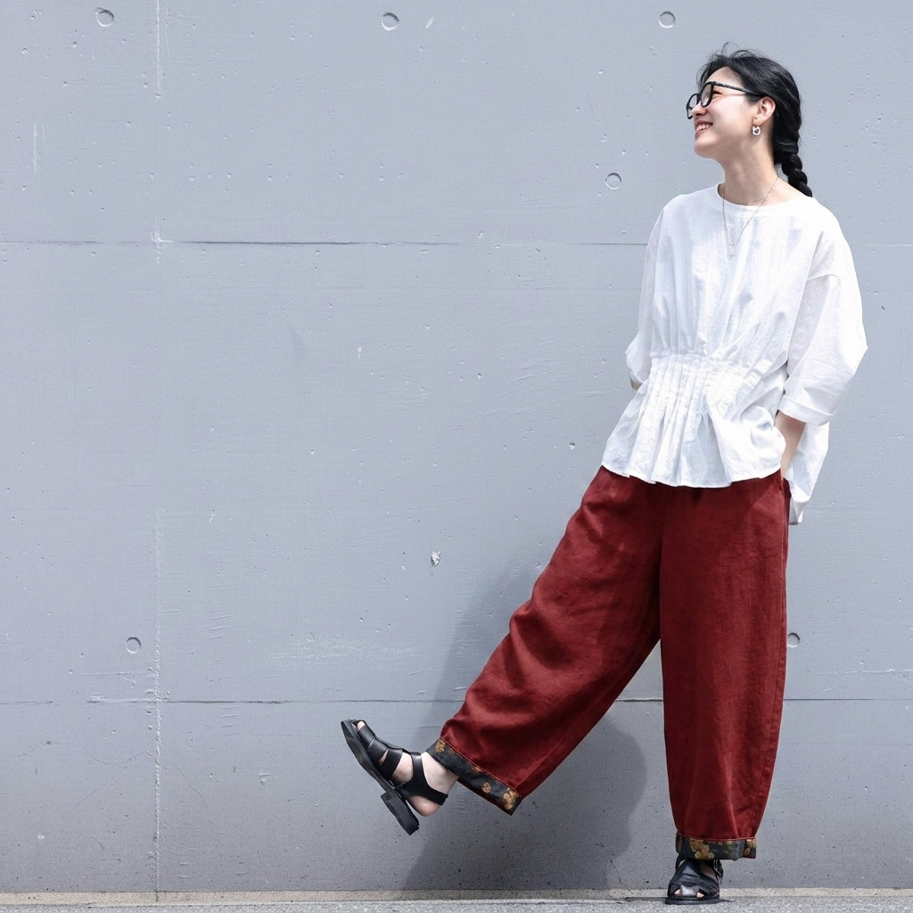 M-4XL シンプル 上品見え 接触冷感 切り替え カジュアルパンツ M レッド