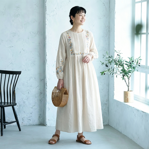 新入荷フリー 森系刺繍コットン ランタンスリーブ  Aライン リネンワンピース「リラックス＆可愛さ満点！」 フリー ベージュ