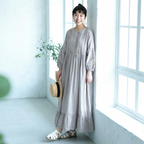 新入荷フリー 森系刺繍コットン ランタンスリーブ  Aライン リネンワンピース「リラックス＆可愛さ満点！」 フリー ヘイズパープル
