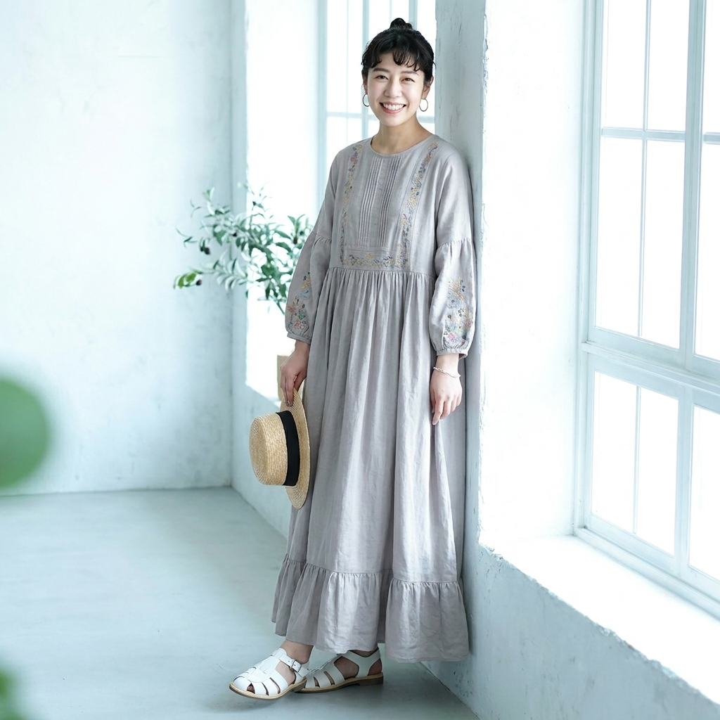新入荷フリー 森系刺繍コットン ランタンスリーブ  Aライン リネンワンピース「リラックス＆可愛さ満点！」 フリー ヘイズパープル