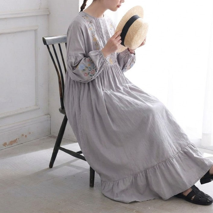 新入荷フリー 森系刺繍コットン ランタンスリーブ  Aライン リネンワンピース「リラックス＆可愛さ満点！」 フリー ベージュ
