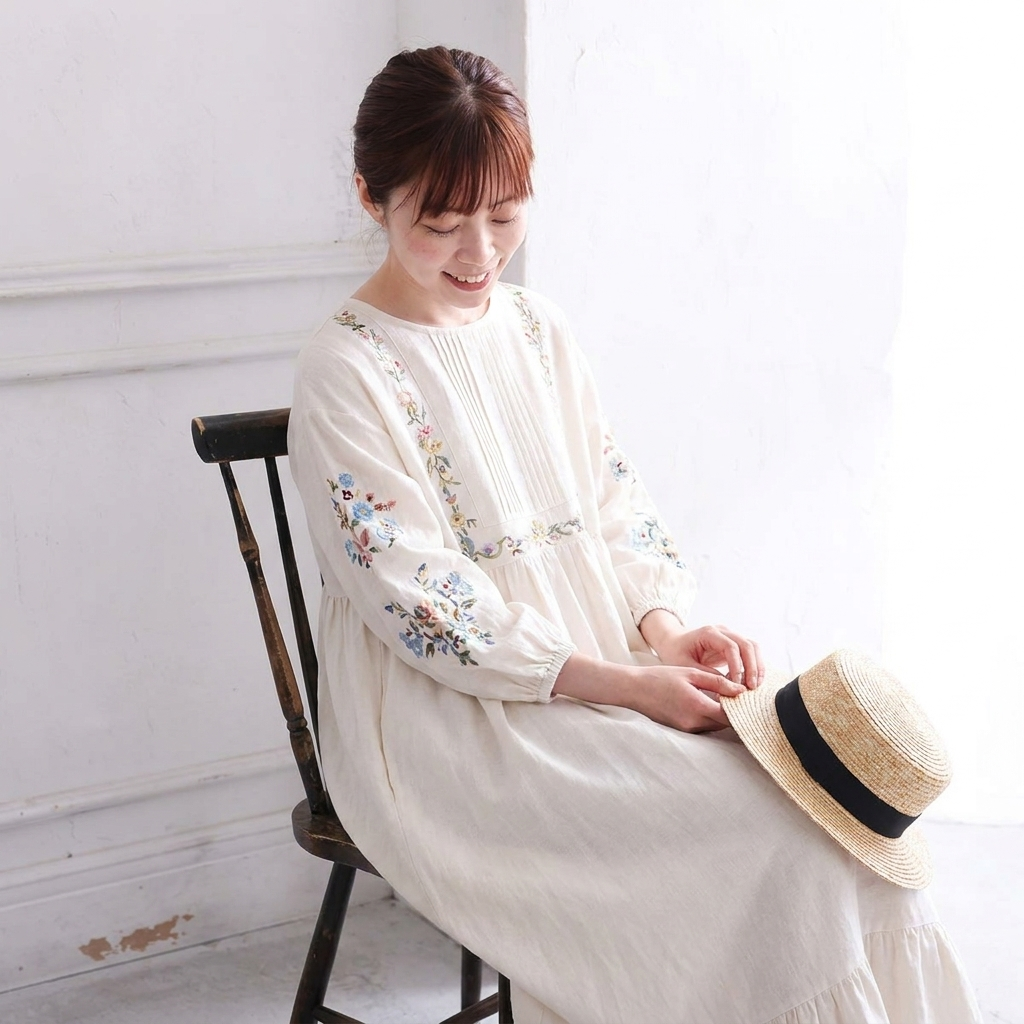 新入荷フリー 森系刺繍コットン ランタンスリーブ  Aライン リネンワンピース「リラックス＆可愛さ満点！」 フリー ベージュ