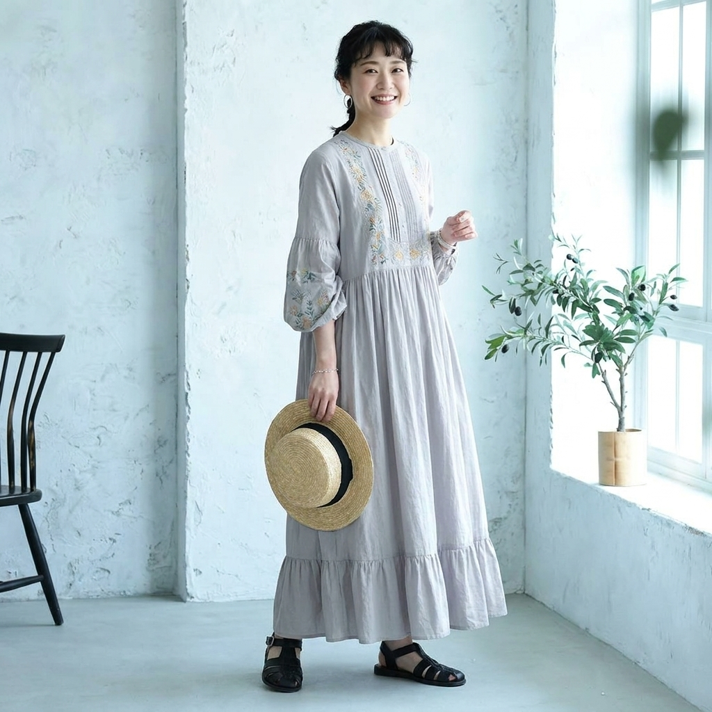 新入荷フリー 森系刺繍コットン ランタンスリーブ  Aライン リネンワンピース「リラックス＆可愛さ満点！」 フリー ベージュ