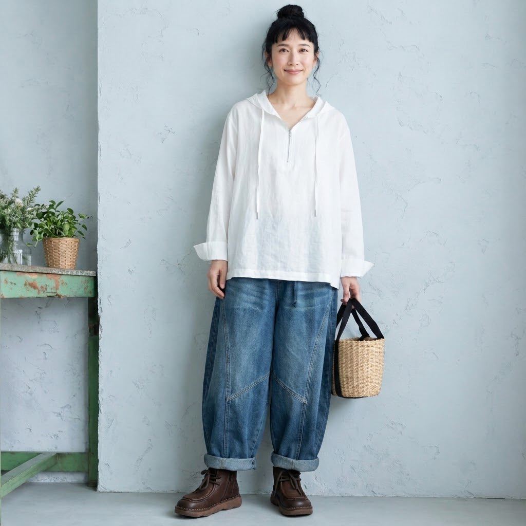 切り替えバルーンデニムパンツ：ブルーと白いシャツの全身コーデ