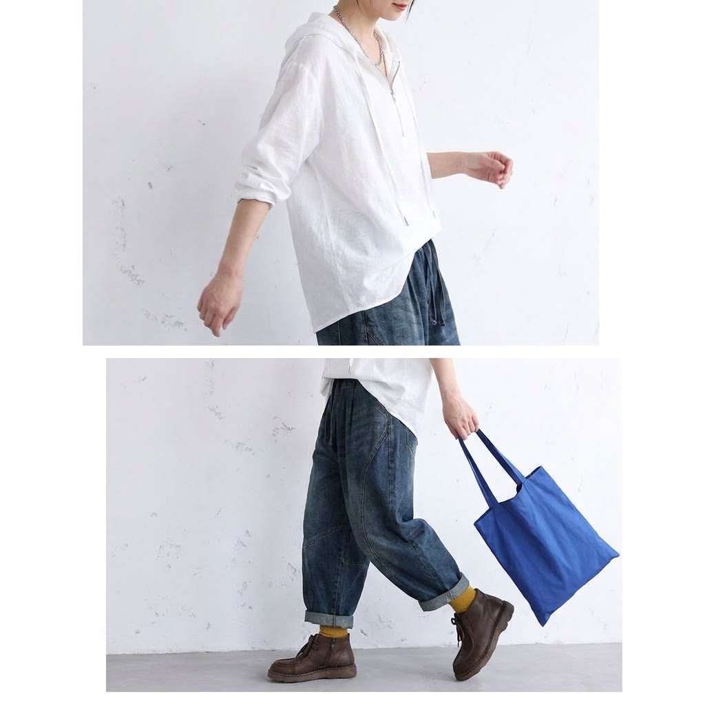 切り替えバルーンデニムパンツ：ブルーと白いシャツの着用比較