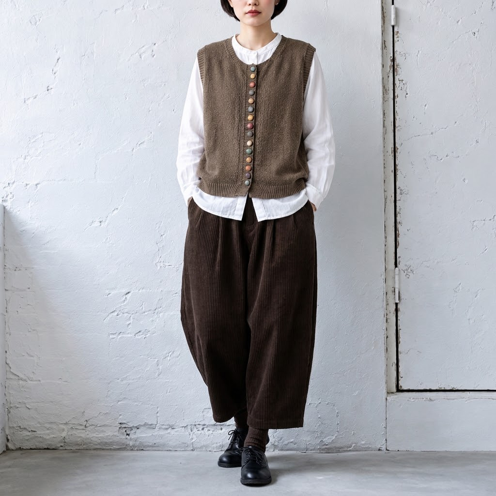 ヴィンテージ感 コーデュロイワイドパンツ レディース ウエストゴム付き ゆるシルエット カジュアルボトムス M ブラウン