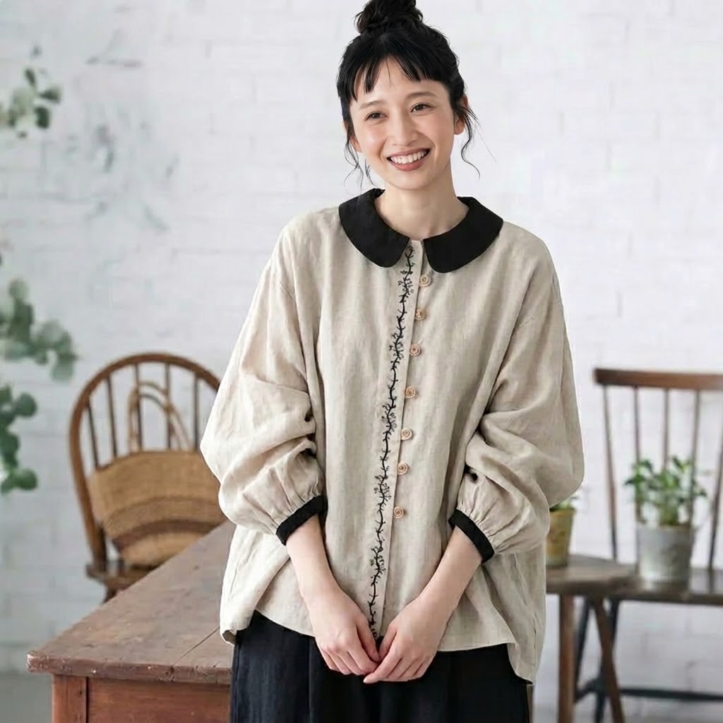 SNSで話題沸騰 長袖 無地 ノーマルスリーブ 刺繍 切り替え 森ガール シャツ M ベージュ