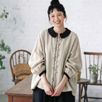 SNSで話題沸騰 長袖 無地 ノーマルスリーブ 刺繍 切り替え 森ガール シャツ M ベージュ
