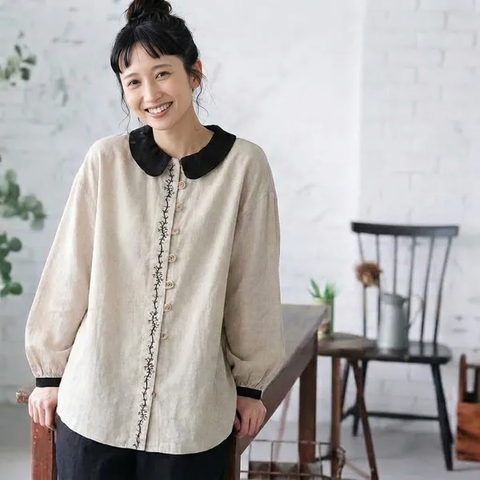 SNSで話題沸騰 長袖 無地 ノーマルスリーブ 刺繍 切り替え 森ガール シャツ M ベージュ