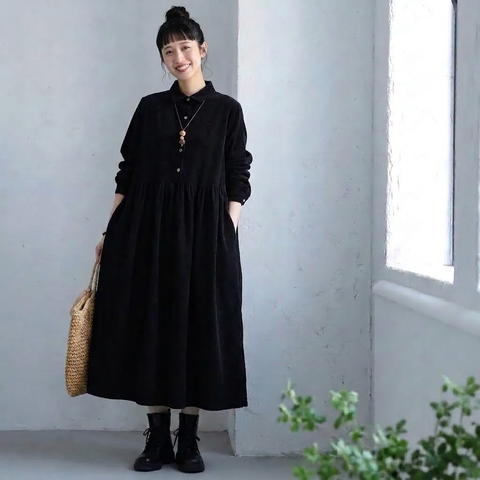 ゆったりシルエット ポケット付きワンピース M ブラック