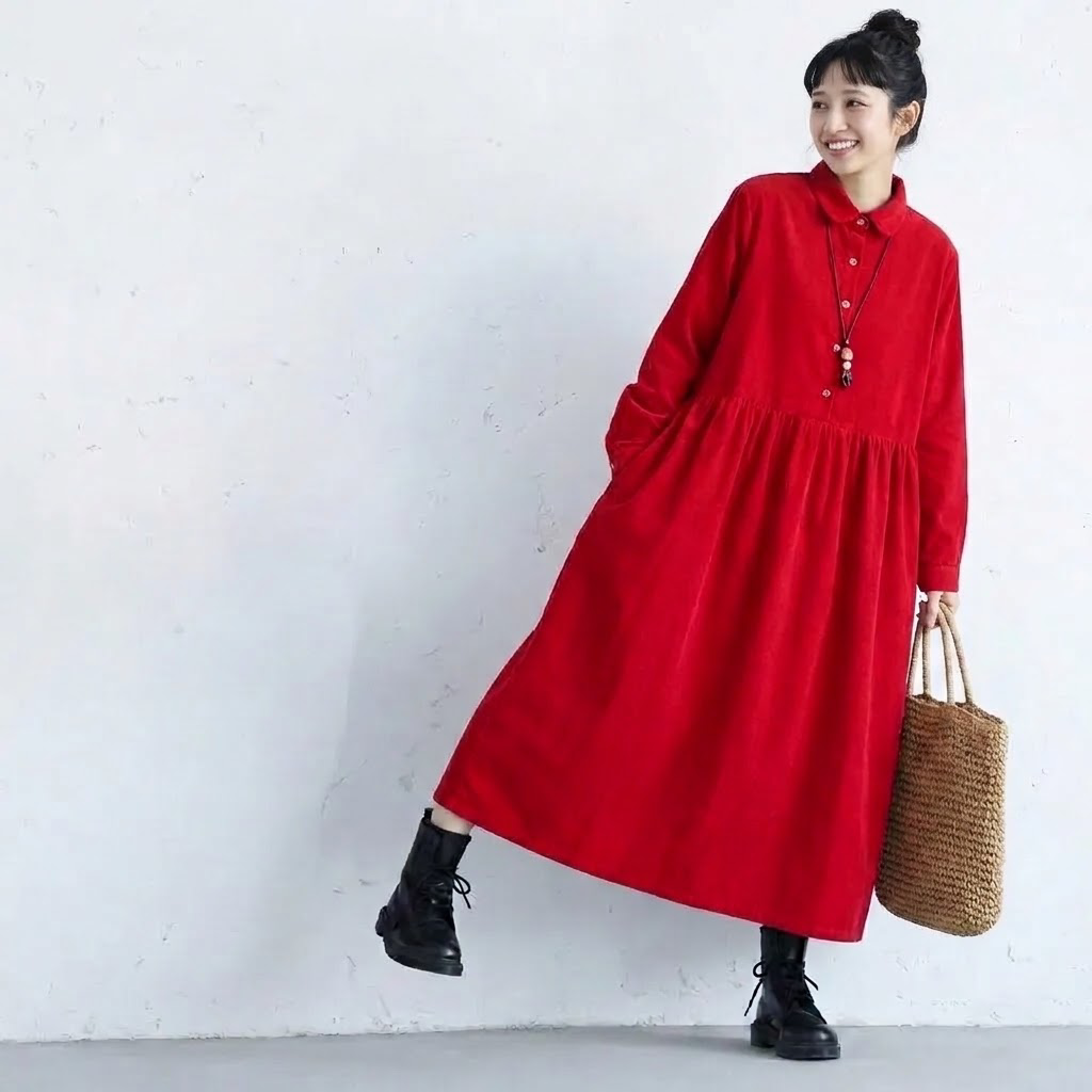ゆったりシルエット ポケット付きワンピース M レッド