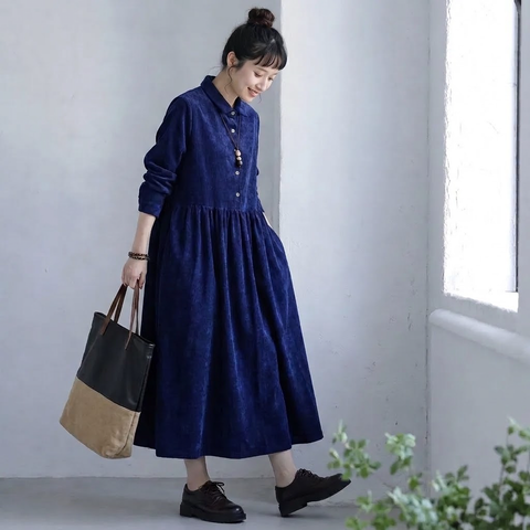 ゆったりシルエット ポケット付きワンピース M ネイビー