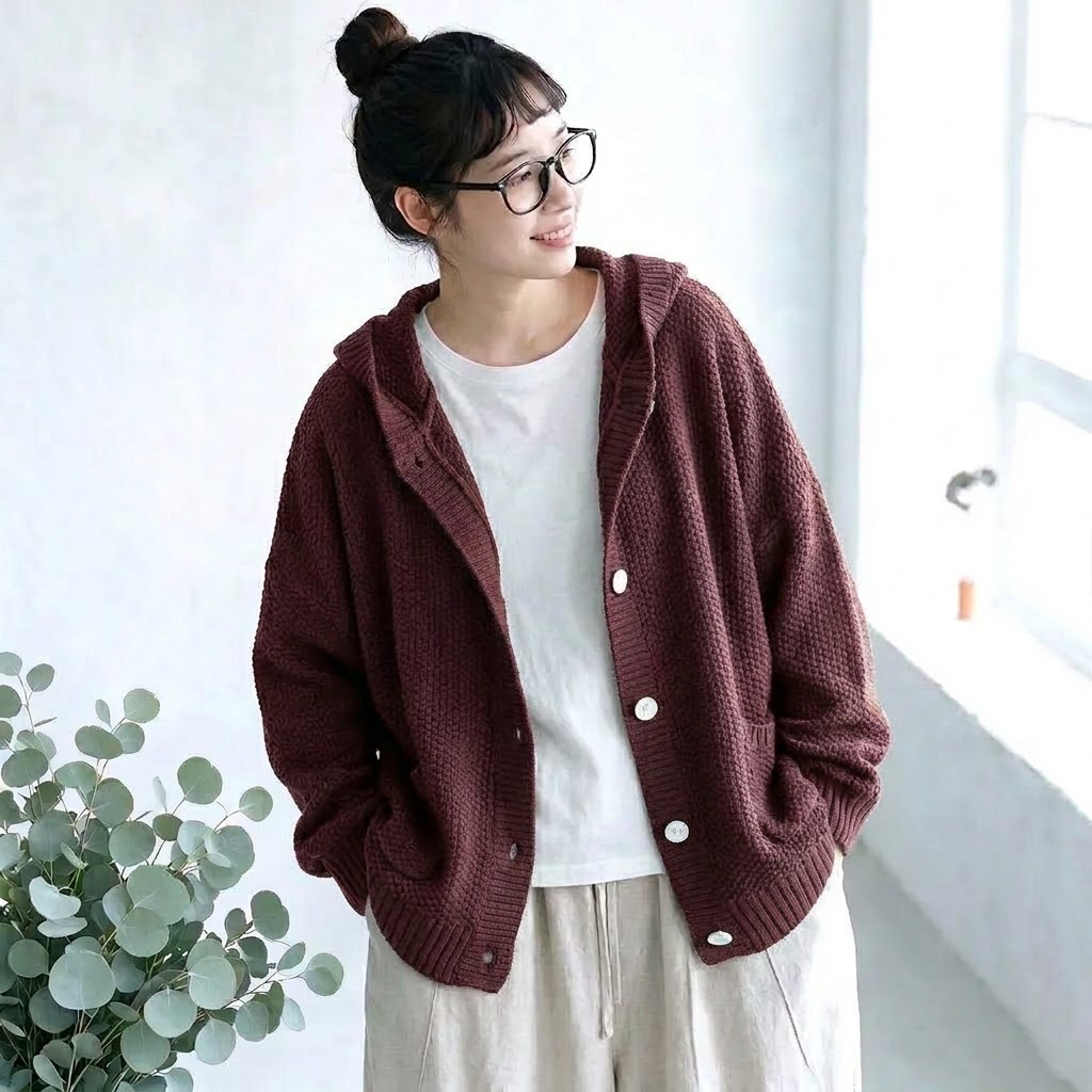 XS-3XL ボタン 長袖 ニット 無地 フード付き レトロ ニットカーディガン XS キャラメル
