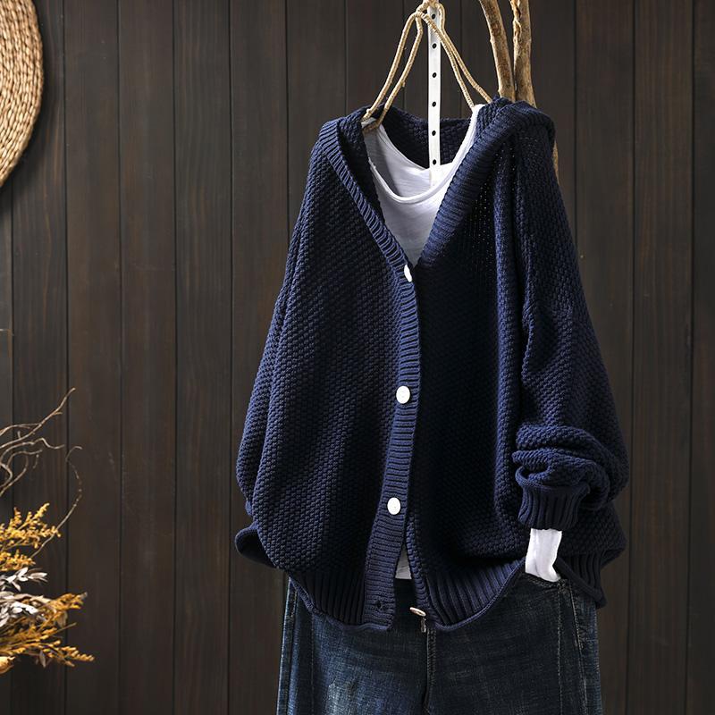 XS-3XL ボタン 長袖 ニット 無地 フード付き レトロ ニットカーディガン XS ネイビー