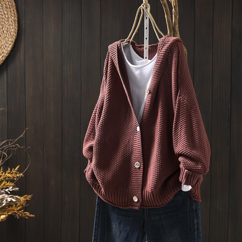 XS-3XL ボタン 長袖 ニット 無地 フード付き レトロ ニットカーディガン XS ネイビー