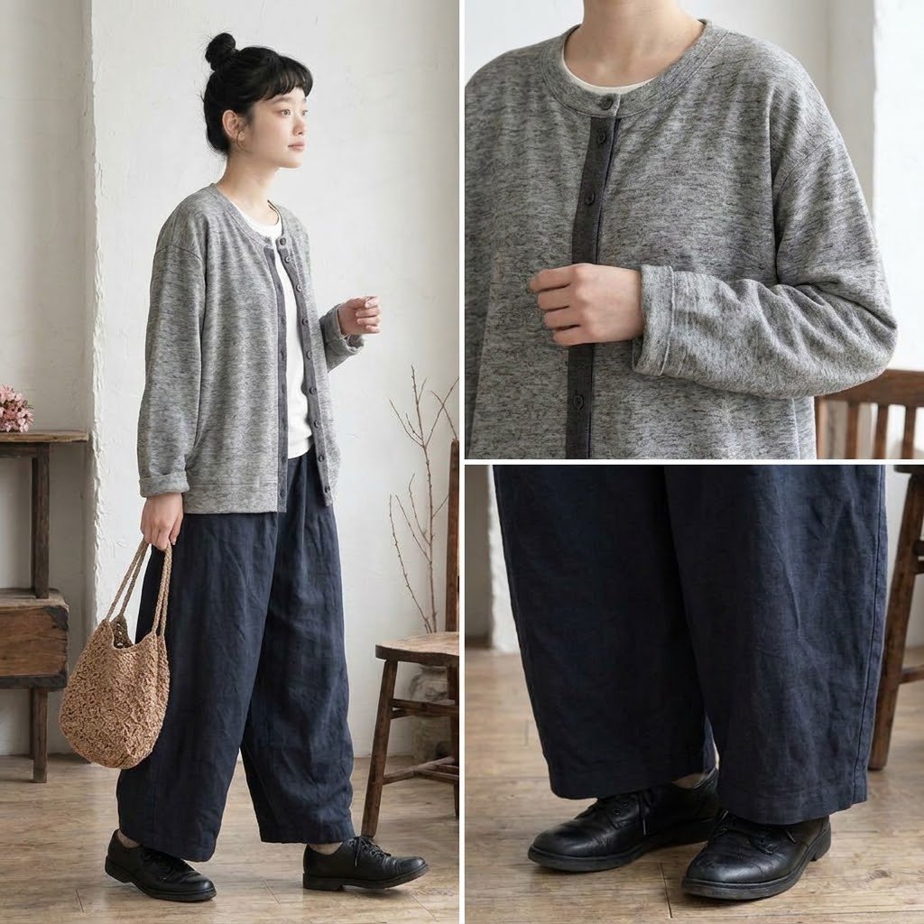 【再入荷予定】こなれ感たっぷり、配色カーディガンアウター コクーンワイドパンツ 2点セット M グレー/アウター＋ダークネイビー/パンツ／2点セット