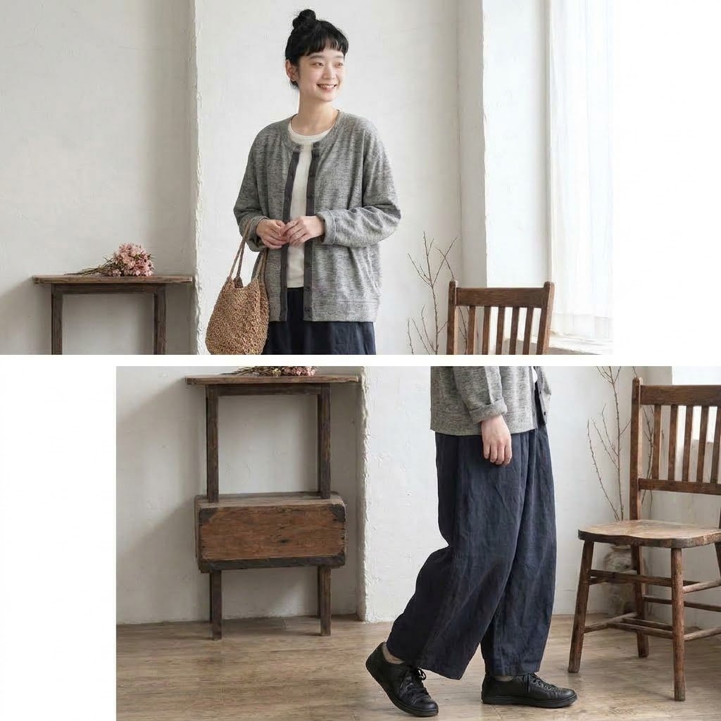 【再入荷予定】こなれ感たっぷり、配色カーディガンアウター コクーンワイドパンツ 2点セット M グレー/アウター＋ダークネイビー/パンツ／2点セット