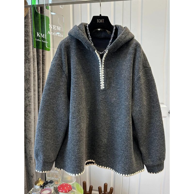 M-4XL ファスナー 配色 フード付き ハーフジップ パーカー/ジャージ M グレー