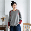 バイカラー リブ襟 袖切替 ゆる 長袖Tシャツ M グレー