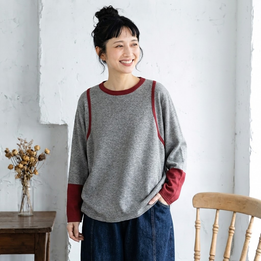 バイカラー リブ襟 袖切替 ゆる 長袖Tシャツ M グレー