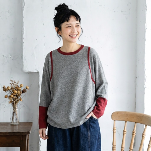 バイカラー リブ襟 袖切替 ゆる 長袖Tシャツ M グレー