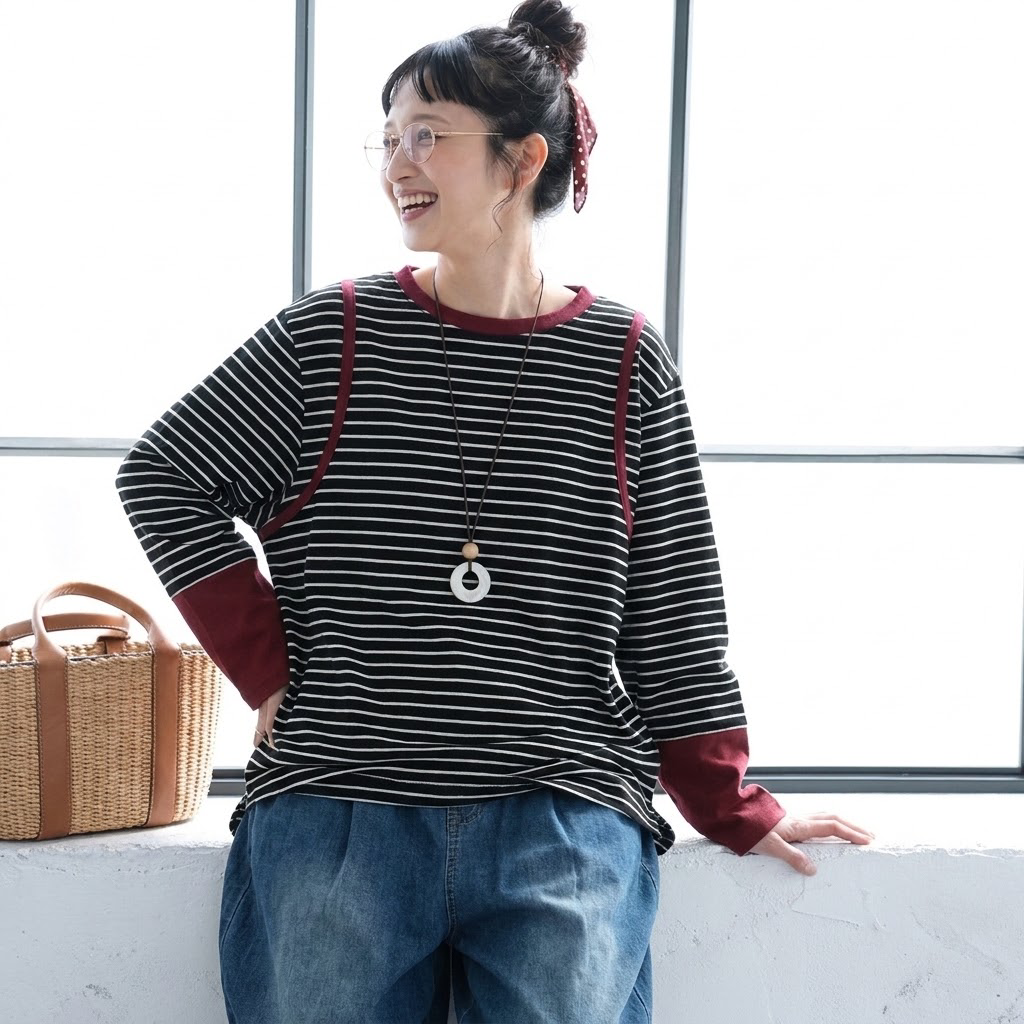 バイカラー リブ襟 袖切替 ゆる 長袖Tシャツ M ブラック