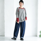 バイカラー リブ襟 袖切替 ゆる 長袖Tシャツ M グレー