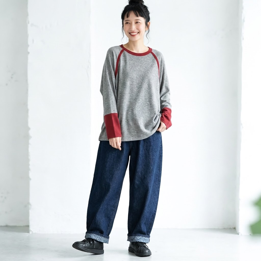 バイカラー リブ襟 袖切替 ゆる 長袖Tシャツ M グレー