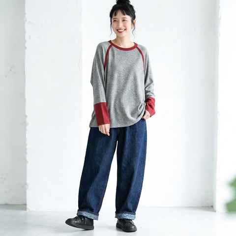 バイカラー リブ襟 袖切替 ゆる 長袖Tシャツ M グレー