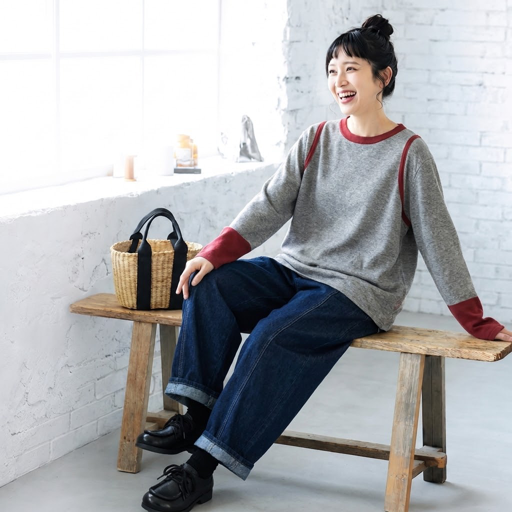 バイカラー リブ襟 袖切替 ゆる 長袖Tシャツ M グレー