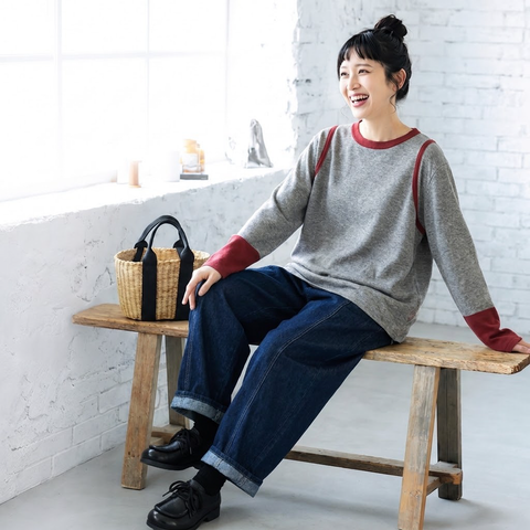 バイカラー リブ襟 袖切替 ゆる 長袖Tシャツ M グレー