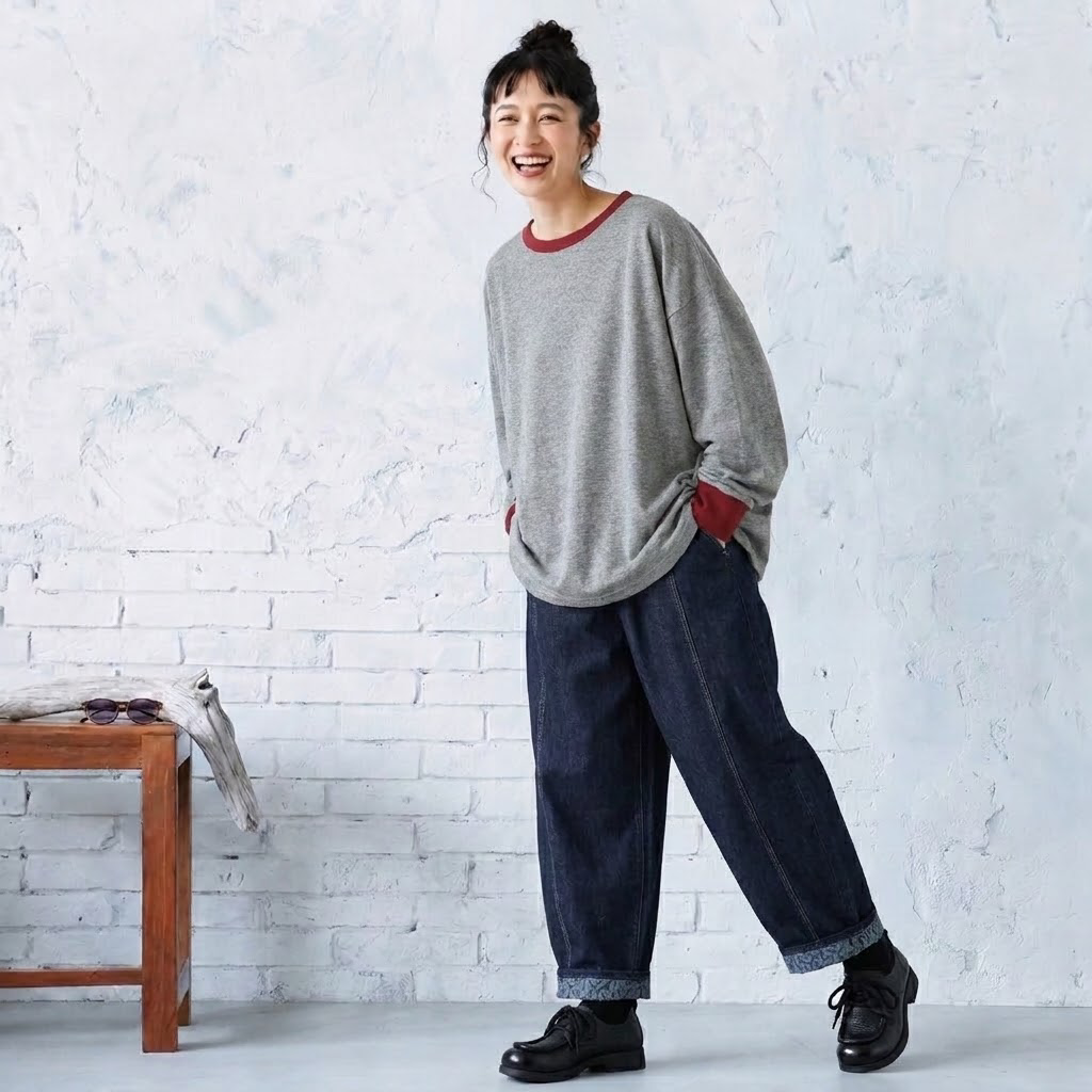 バイカラー リブ襟 袖切替 ゆる 長袖Tシャツ M グレー