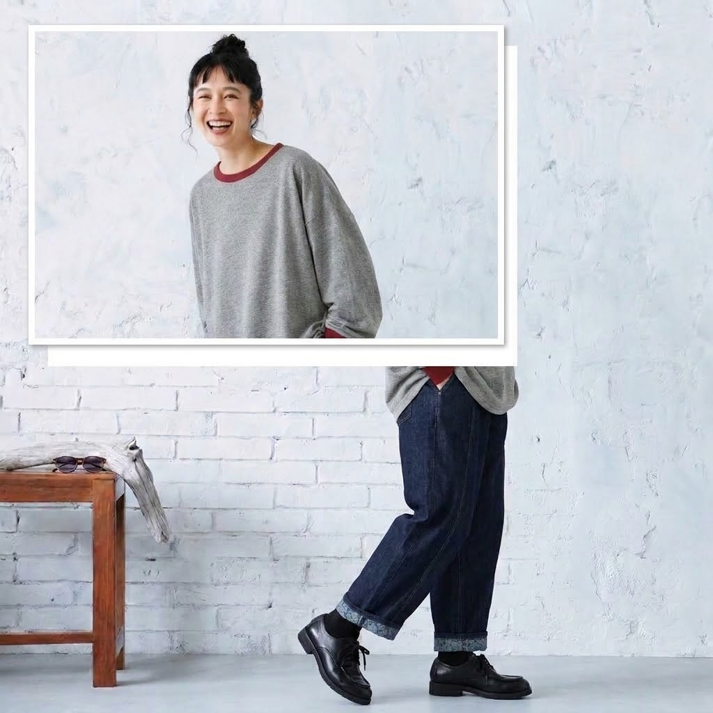 バイカラー リブ襟 袖切替 ゆる 長袖Tシャツ M グレー