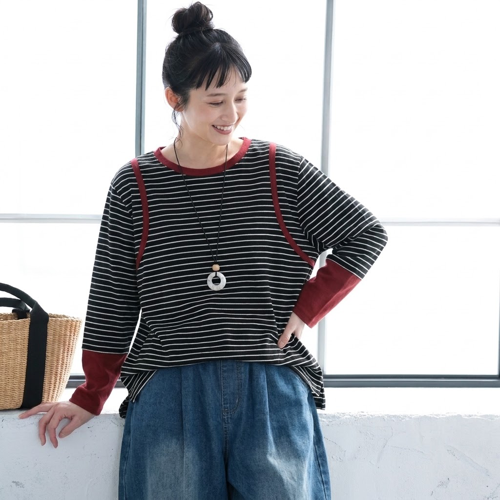 バイカラー リブ襟 袖切替 ゆる 長袖Tシャツ M グレー