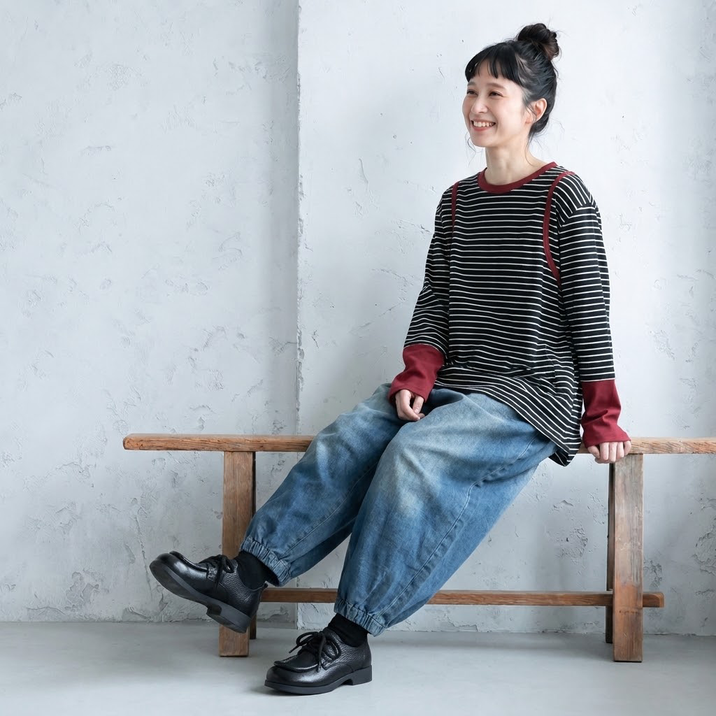 バイカラー リブ襟 袖切替 ゆる 長袖Tシャツ M グレー