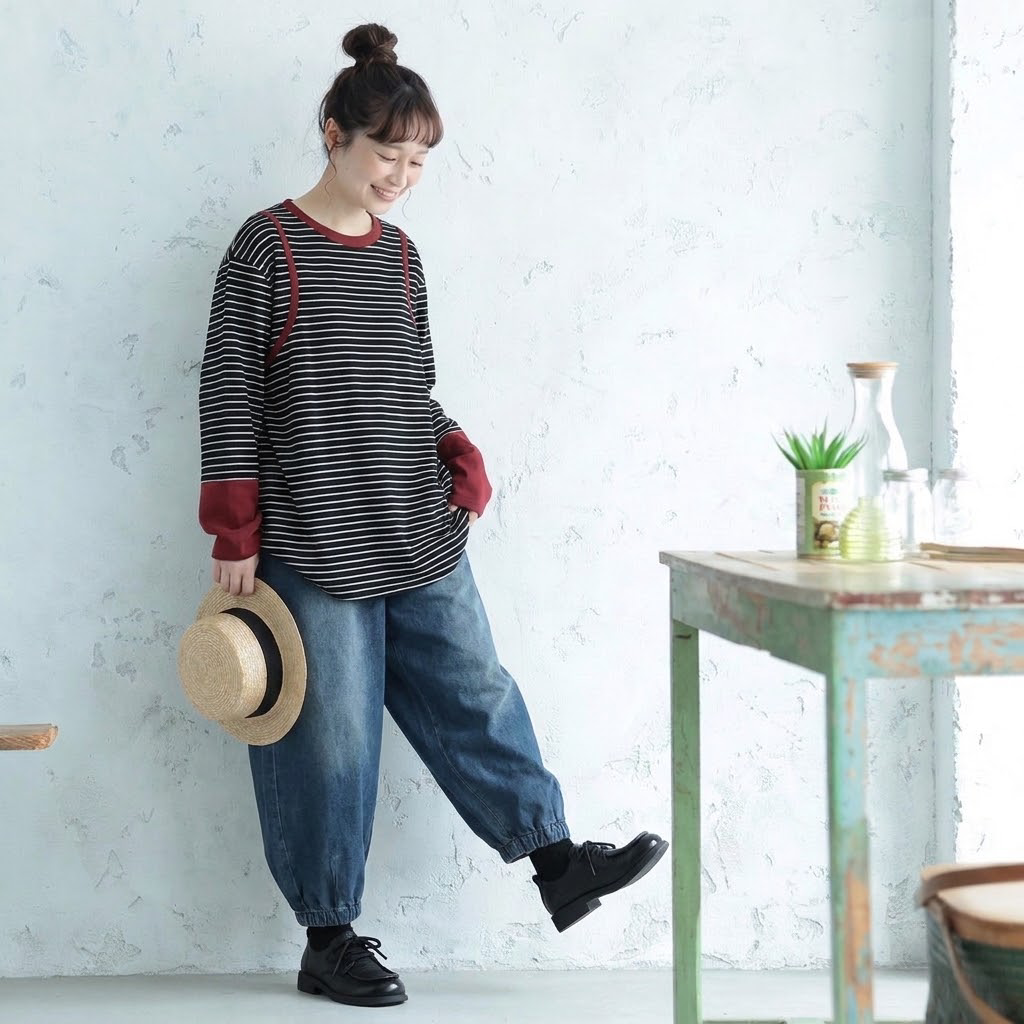 バイカラー リブ襟 袖切替 ゆる 長袖Tシャツ M グレー