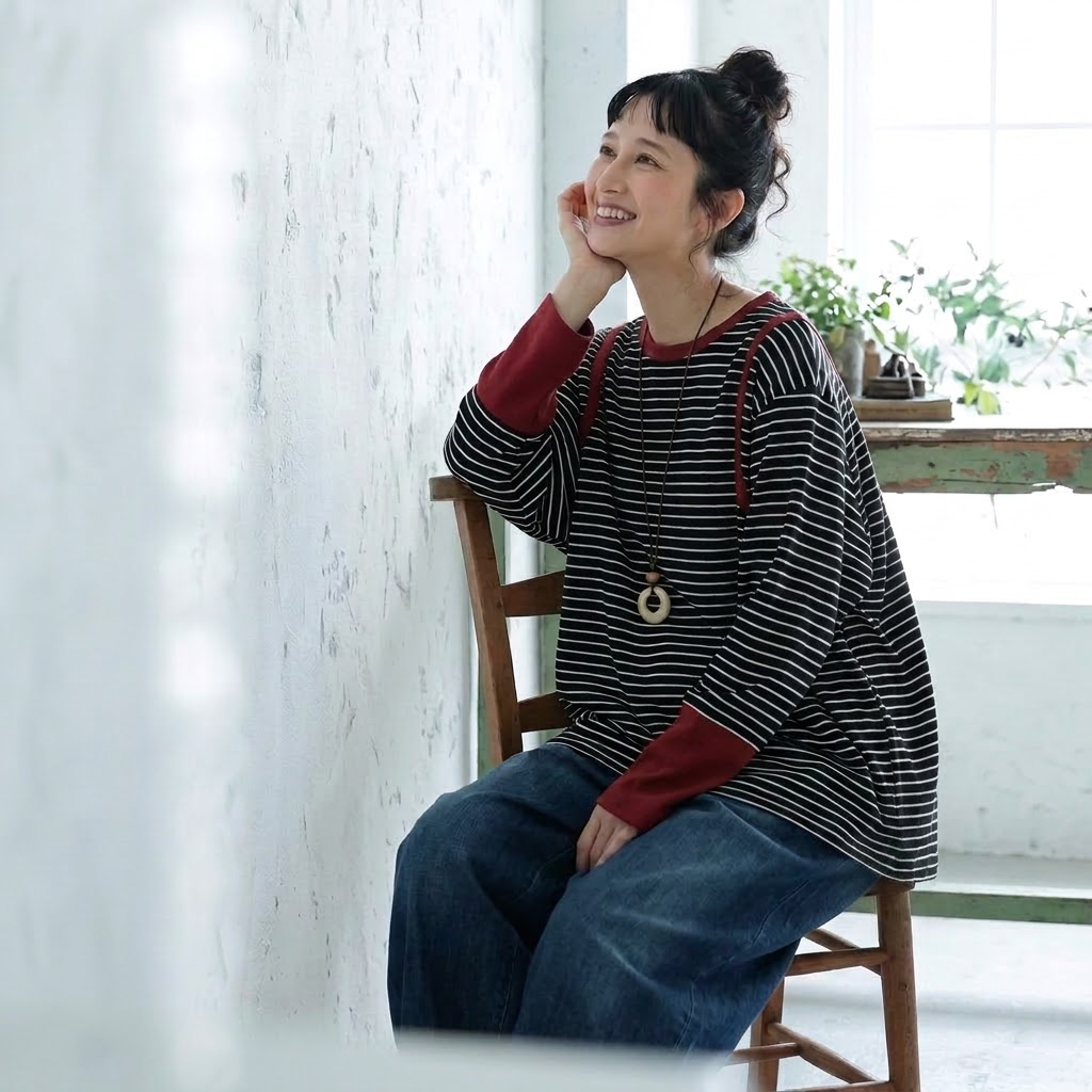 バイカラー リブ襟 袖切替 ゆる 長袖Tシャツ M グレー