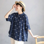 ゆったり 体型カバーも叶うコットンリネン風ドットブラウス(M~2XL) M ブルーホワイトドット