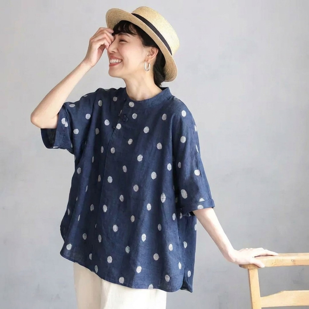 ゆったり 体型カバーも叶うコットンリネン風ドットブラウス(M~2XL) M ブルーホワイトドット
