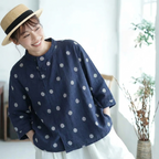ゆったり 体型カバーも叶うコットンリネン風ドットブラウス(M~2XL) M ブルーホワイトドット