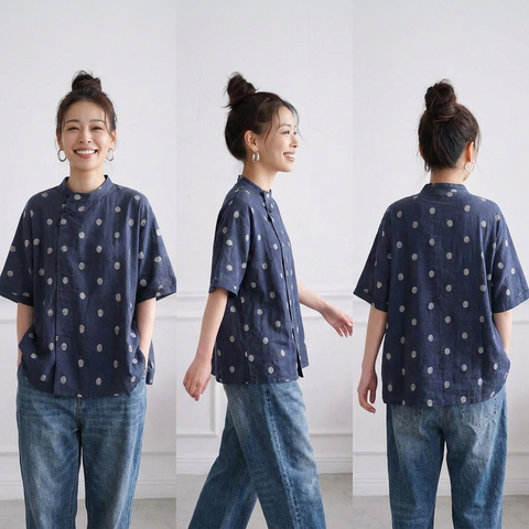 ゆったり 体型カバーも叶うコットンリネン風ドットブラウス(M~2XL) M ブルーホワイトドット