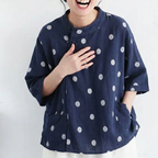 ゆったり 体型カバーも叶うコットンリネン風ドットブラウス(M~2XL) M ブルーホワイトドット